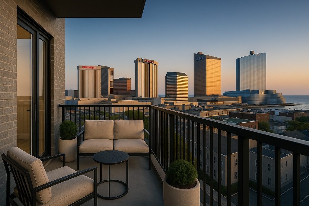 Furnished balcony at dusk overlooking the Atlantic City skyline and ocean