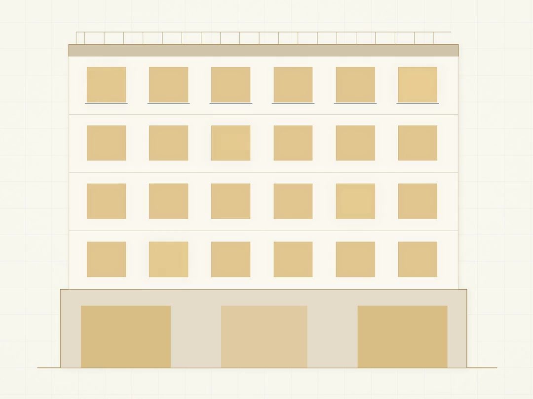 Schematic street elevation of the 1813 Arctic building: roof terrace, four residential floors, and a ground-floor podium with restaurant and lobby